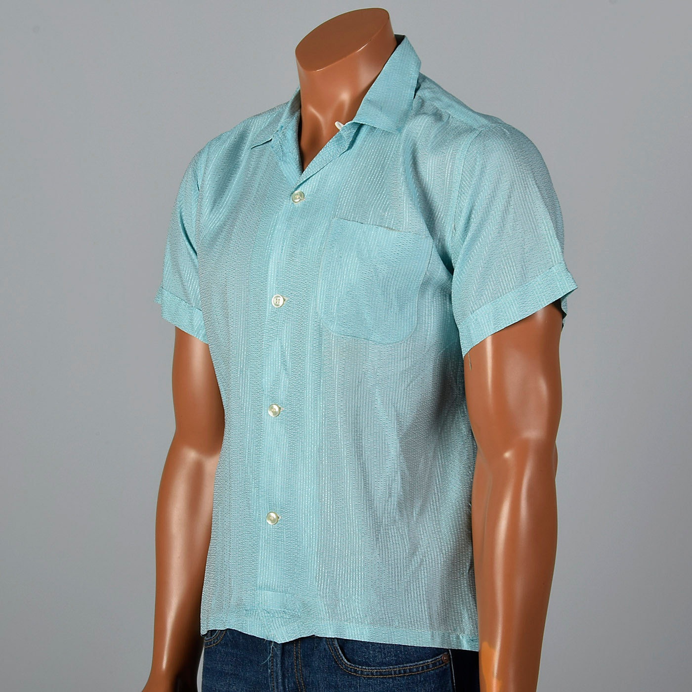 1950s Mens Light Blue Rayon Shirt