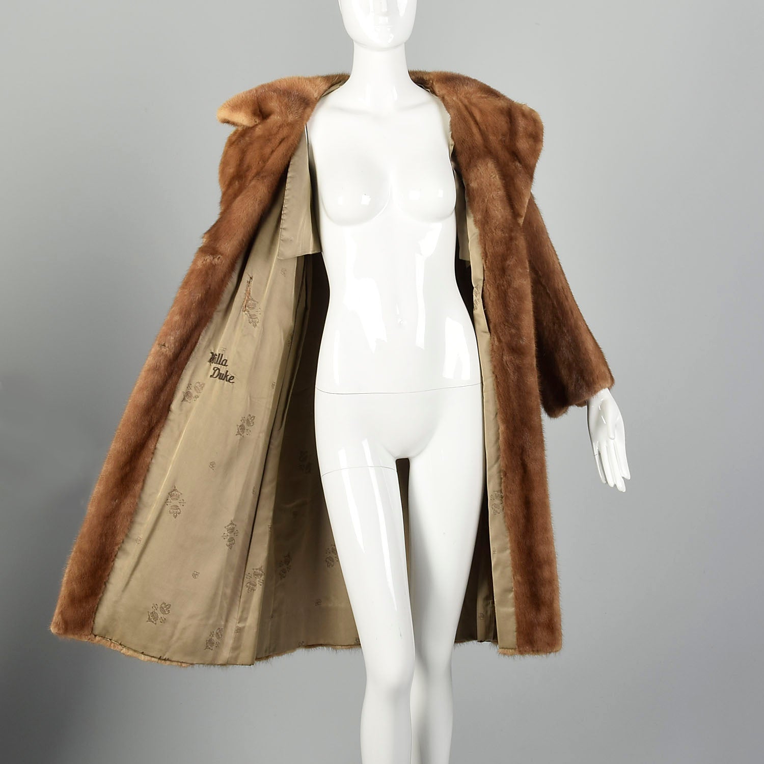 Small 1950s Real Fur Mink Swing Coat Attached Silk Scarf Mid Length