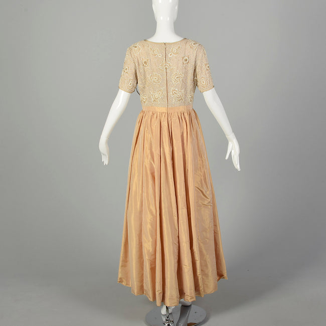 Medium 1990s Escada Couture Dress Blush Summer Short Sleeve Beaded Evening Gown