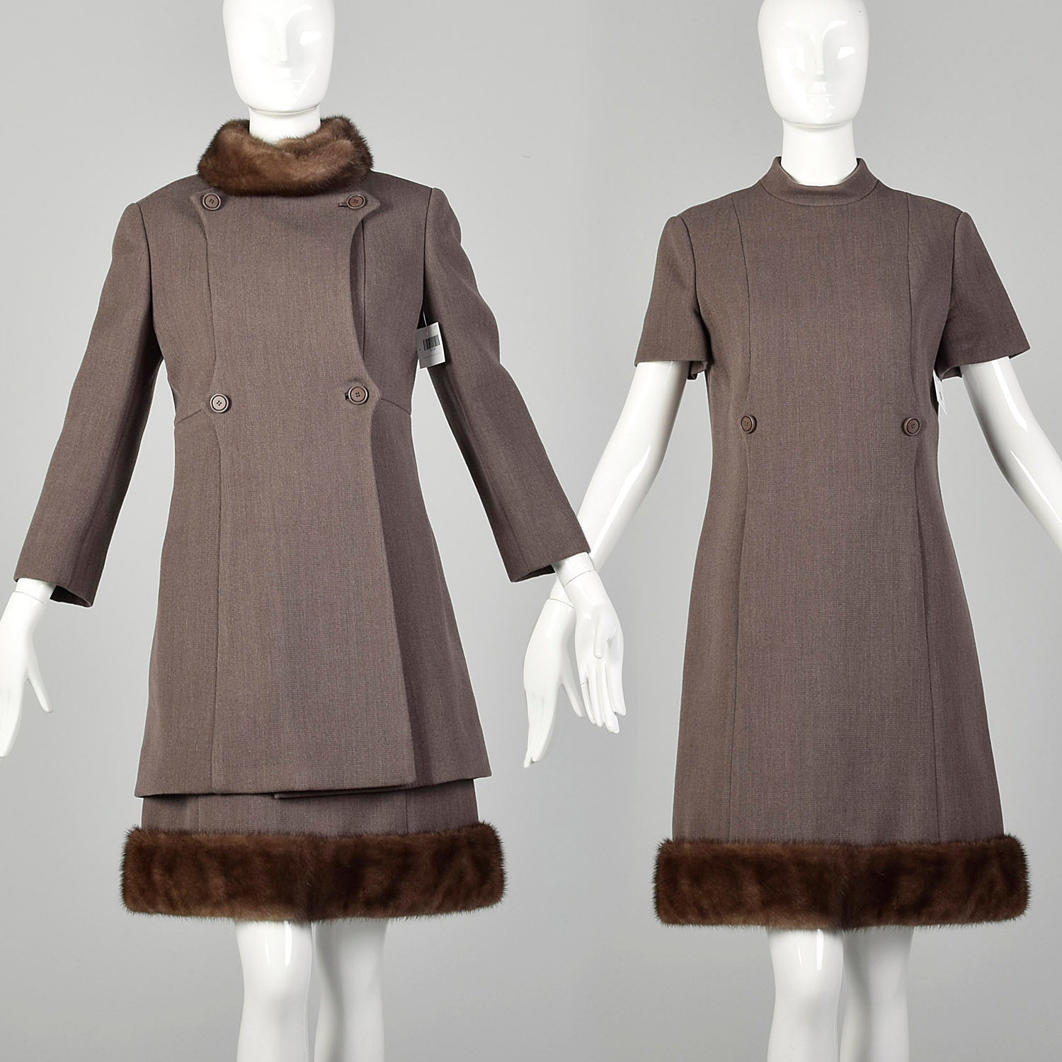 Small 1960s Mod Dress and Winter Coat Set with Taupe Mink Fur Trim