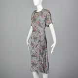 1940s Novelty Print Rayon Dress Gray Swirl with Birds