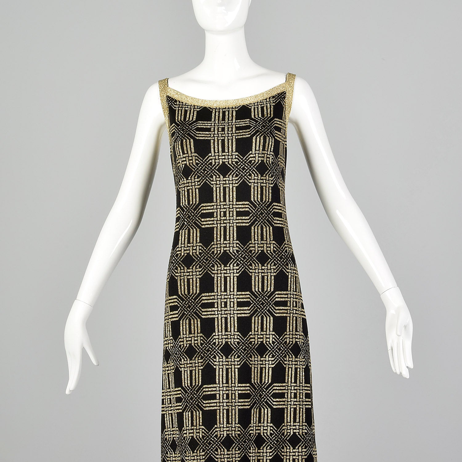1970s Pierre Balmain Formal Black Maxi Dress with Geometric Gold