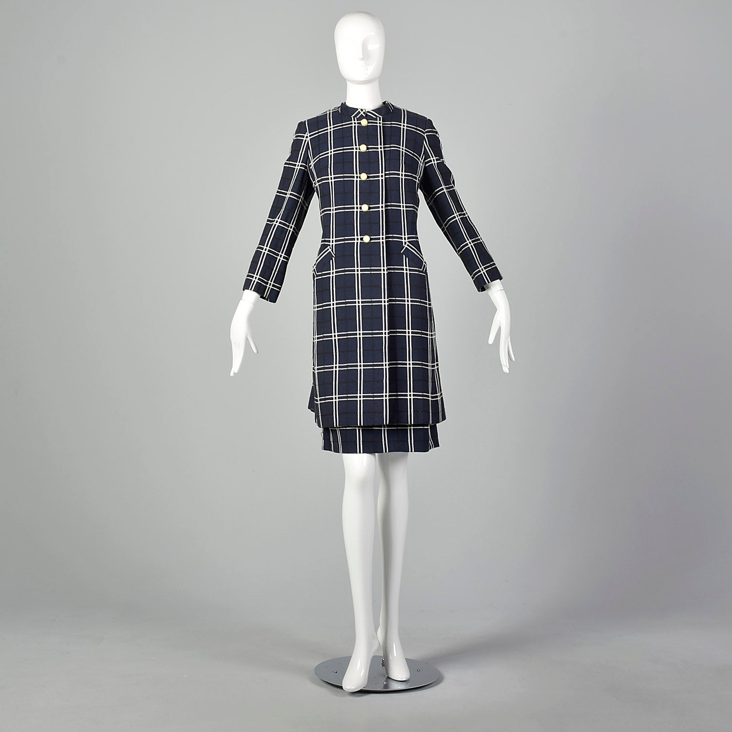 Large 1960s Navy Plaid Dress and Jacket Set