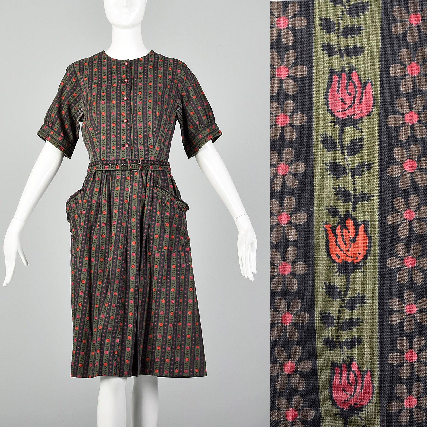 Medium 1950s Green Novelty Tulip Print Day Dress