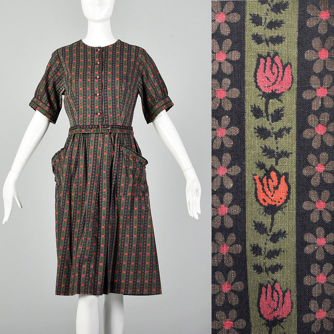 Medium 1950s Green Novelty Tulip Print Day Dress
