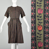 Medium 1950s Green Novelty Tulip Print Day Dress