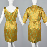 1960s Two Piece Dress  and Jacket Set in Mustard and Green Satin