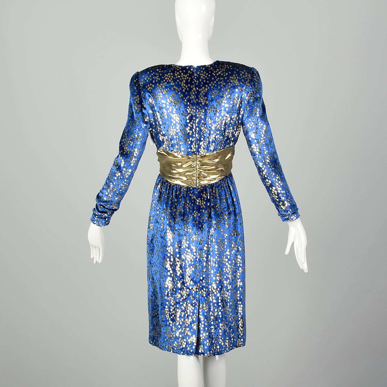 Medium 1980s Blue Velvet Cocktail Dress Long Sleeve Gold Eyelash Lame Style & Salvage Medium 1980s Blue Velvet Cocktail Dress Long Sleeve Gold Eyelash Lame Style & Salvage