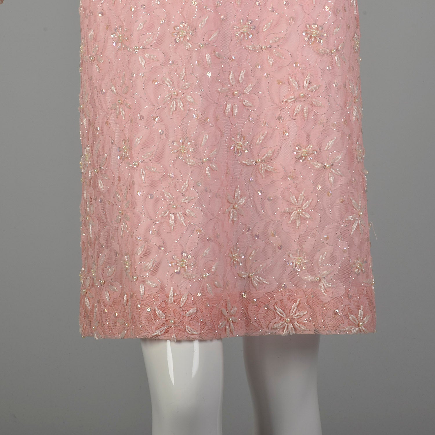 Large 1960s Mod Pink Dress Beaded Lace Long Sleeve Cocktail Party