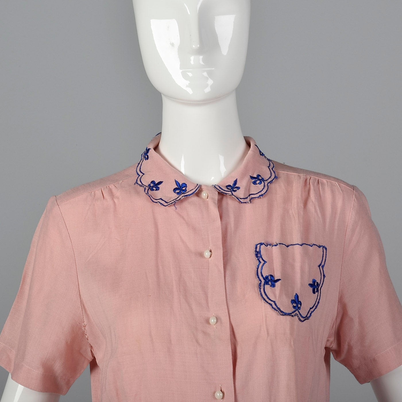 1940s Pink Rayon Blouse with Blue Embroidery
