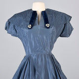 1950s Blue Taffeta Party Dress with Velvet Details