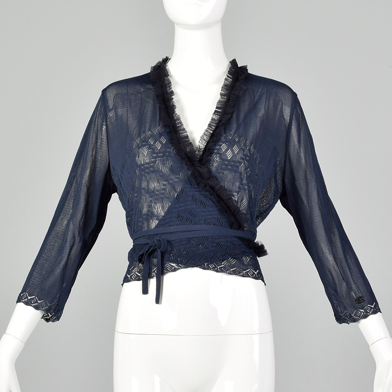 Large Chanel 1990s Navy Blue Sheer Mesh Wrap Cardigan Sweater