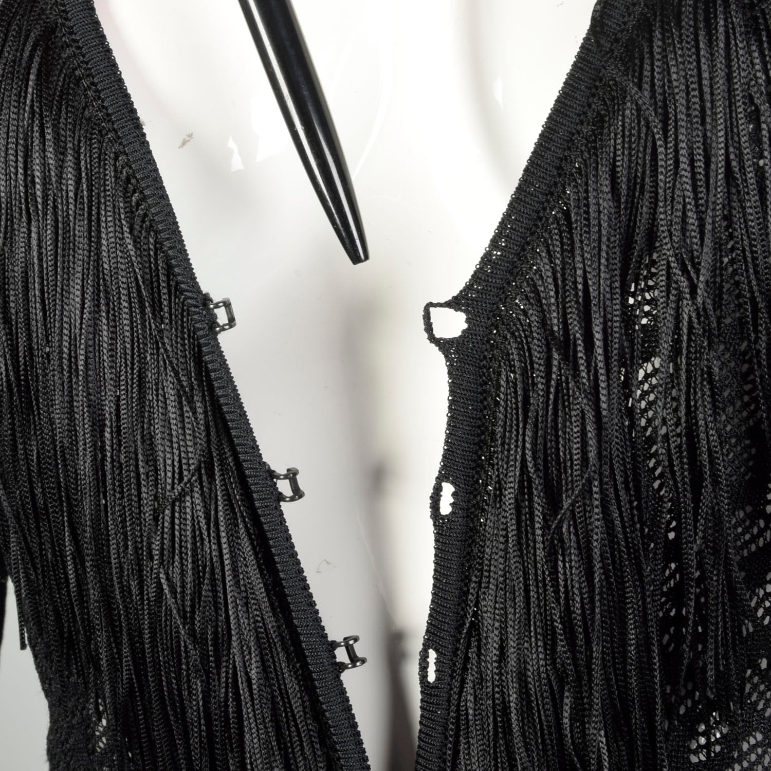 Large 1990s Escada Black Fringe Jacket Goth Sheer Lace Cardigan