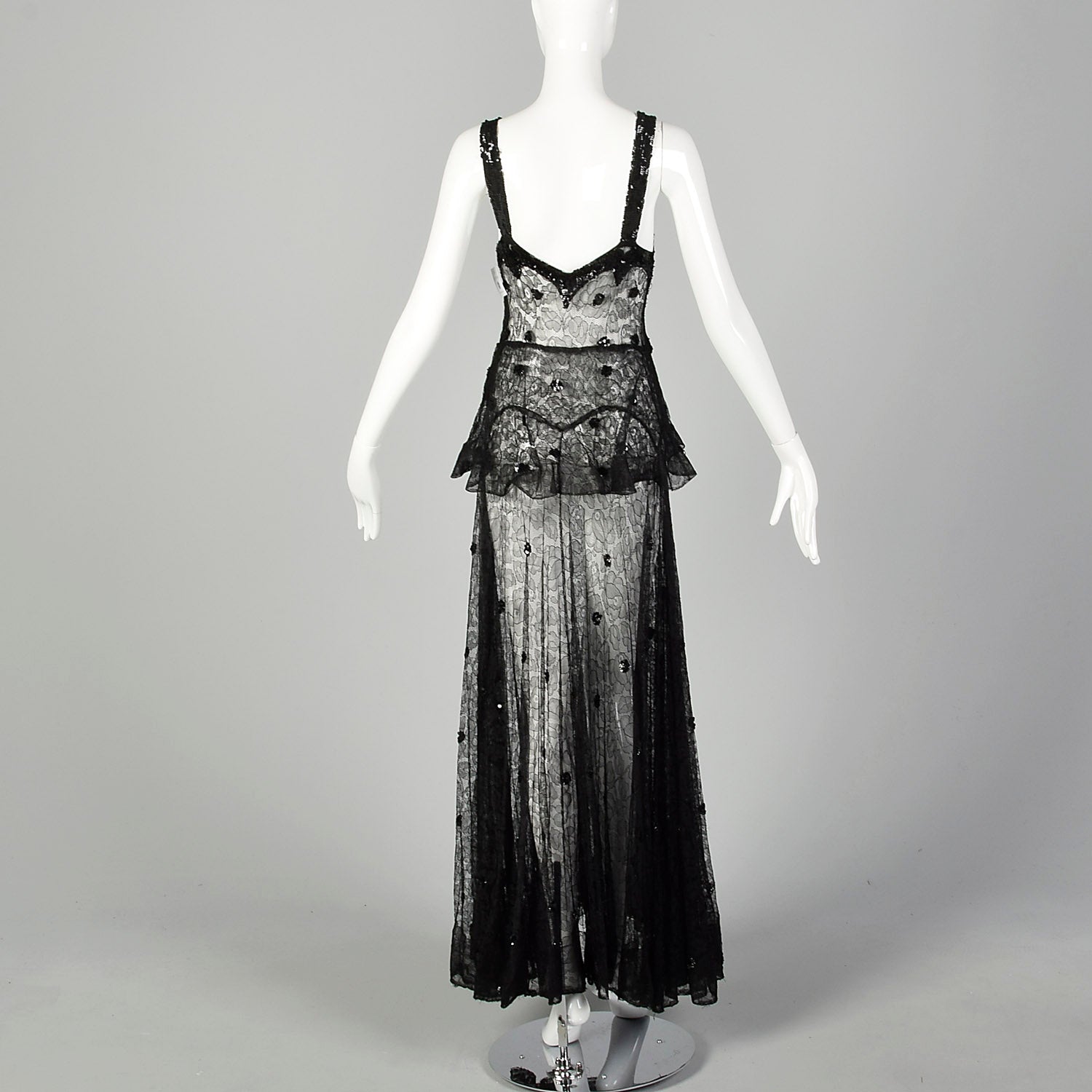 Small 1930s Black Lace Peplum Dress Sheer Sleeveless Gown Style & Salvage Small 1930s Black Lace Peplum Dress Sheer Sleeveless Gown Style & Salvage