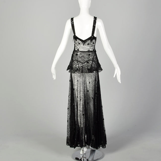 Small 1930s Black Lace Peplum Dress Sheer Sleeveless Gown