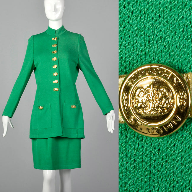 1990s St John Green Knit Skirt Suit