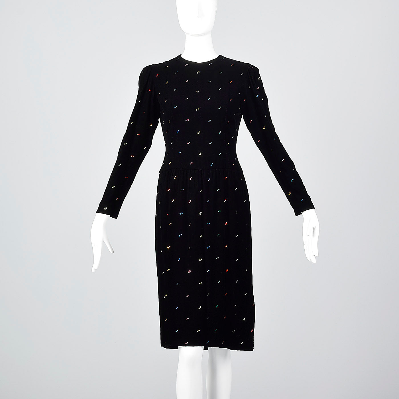 1980s Oscar de la Renta Black Velvet Dress with Rainbow Rhinestones