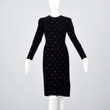 1980s Oscar de la Renta Black Velvet Dress with Rainbow Rhinestones