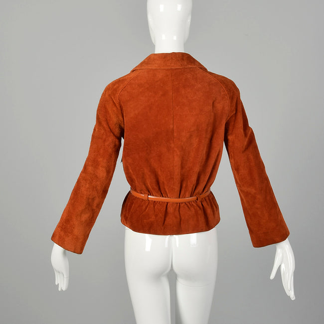 Small 1970s Anne Klein Rust Suede LeatherJacket Boho Autumn Outerwear with Snap Front