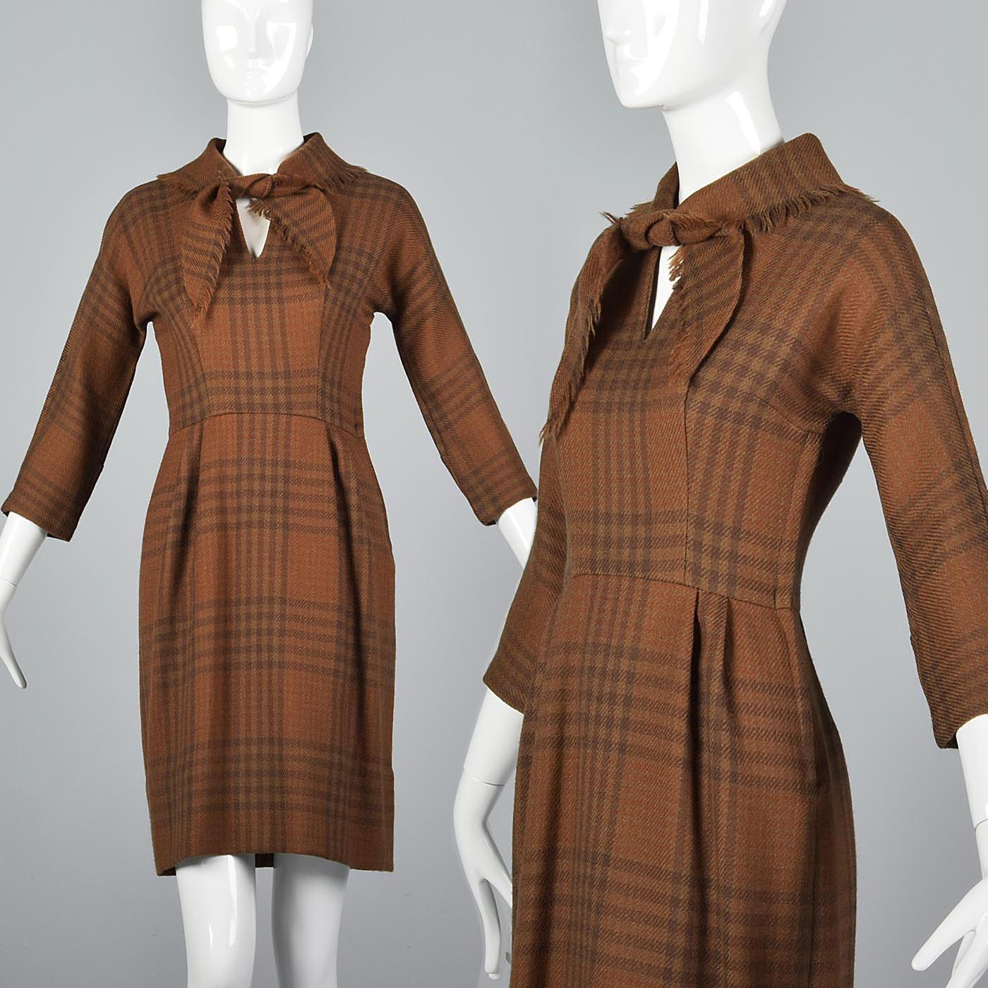 1950s Plaid Wool Dress with Attached Faux Scarf