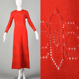 Small 1970s Dress Pat Sandler Red Knit Maxi Long Sleeve Sheer Decorative Details Knit