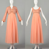 Small 1970s Mike Benet Set 2pc Orange Beaded Jacket Modest Maxi Prom Dress Formal Gown