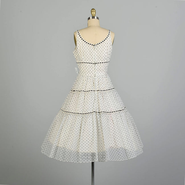 Medium 1950s Black & White Sleeveless Polka Dot Fit & Flare Party Dress