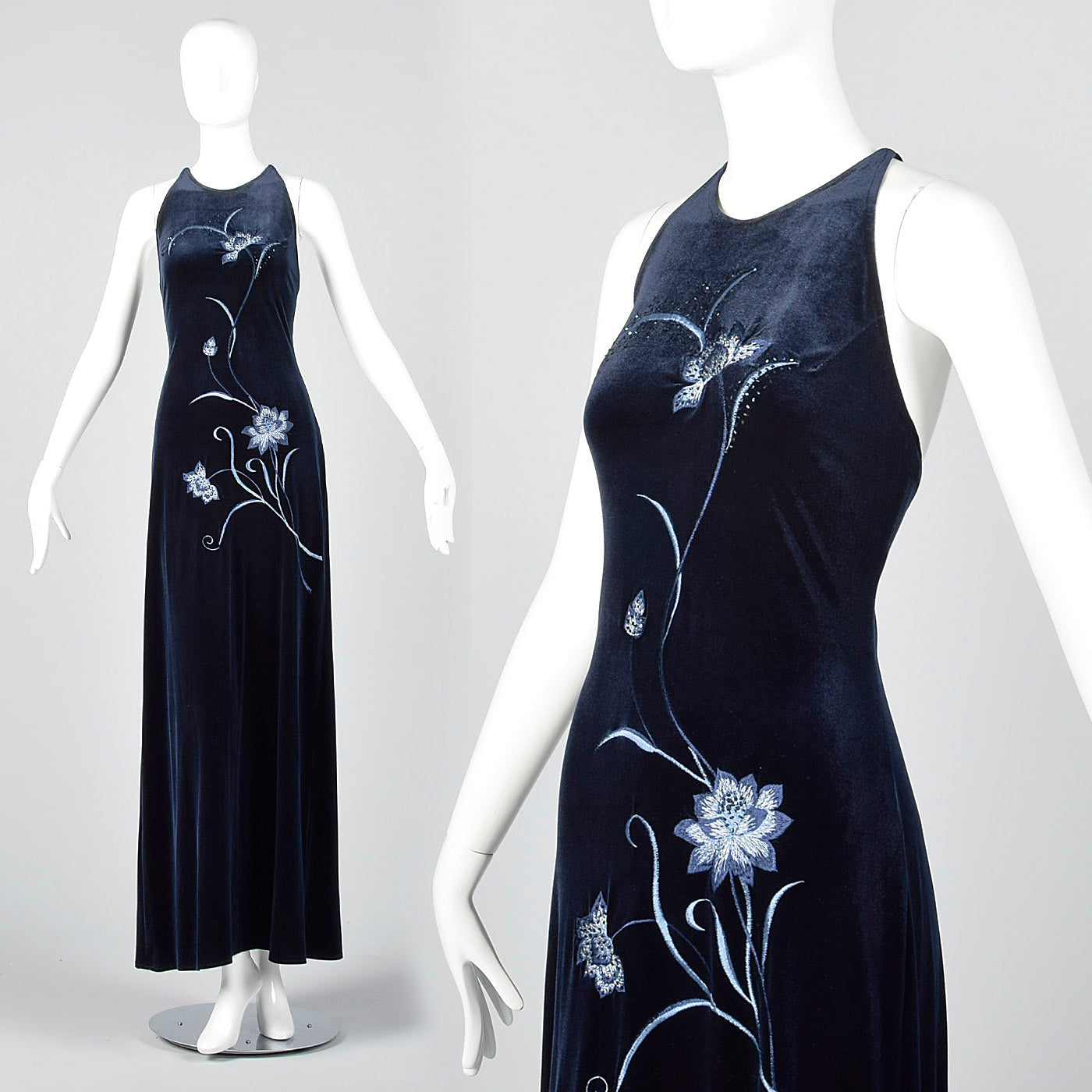 1990s Blue Velvet Evening Dress