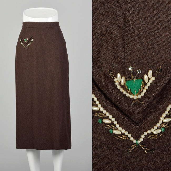 Medium 1950s Brown Wool Skirt With Decorative Beading