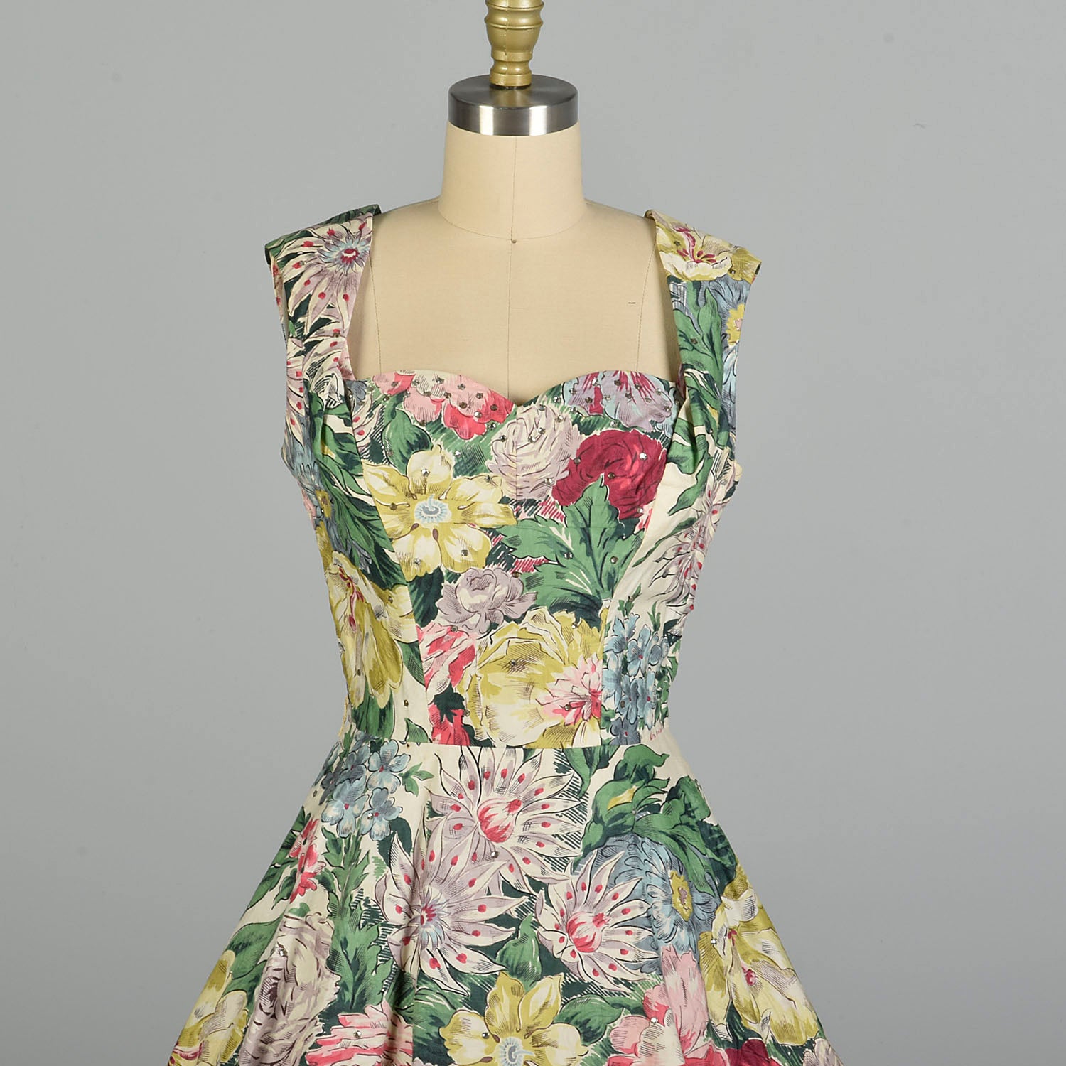 Small 1950s Alix of Miami Sleeveless Cotton Summer Fit & Flare Floral Print Day Dress