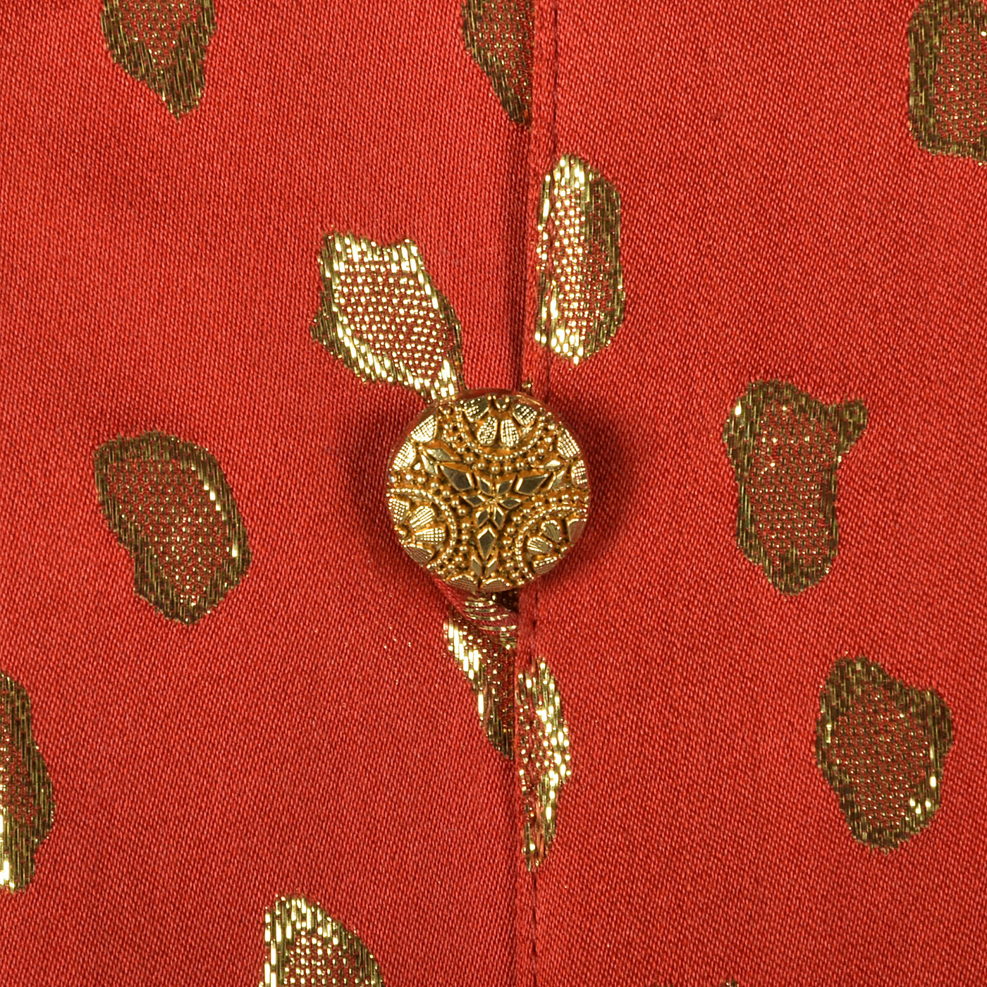 1980s Guy Laroche Red Silk Pencil Dress with Metallic Gold Design