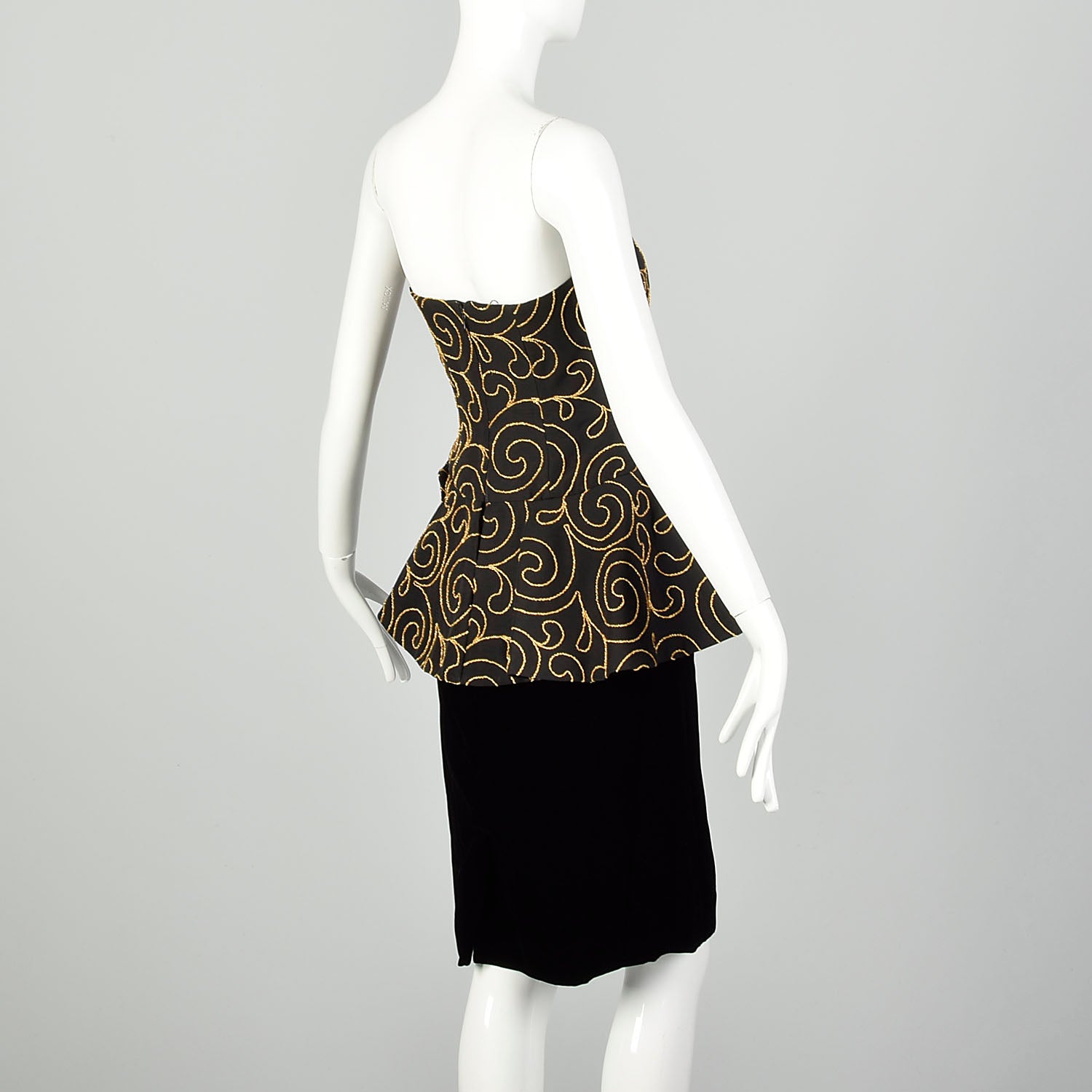 Small 1980s Nipon Black Strapless Party Dress Peplum with Gold Swirl