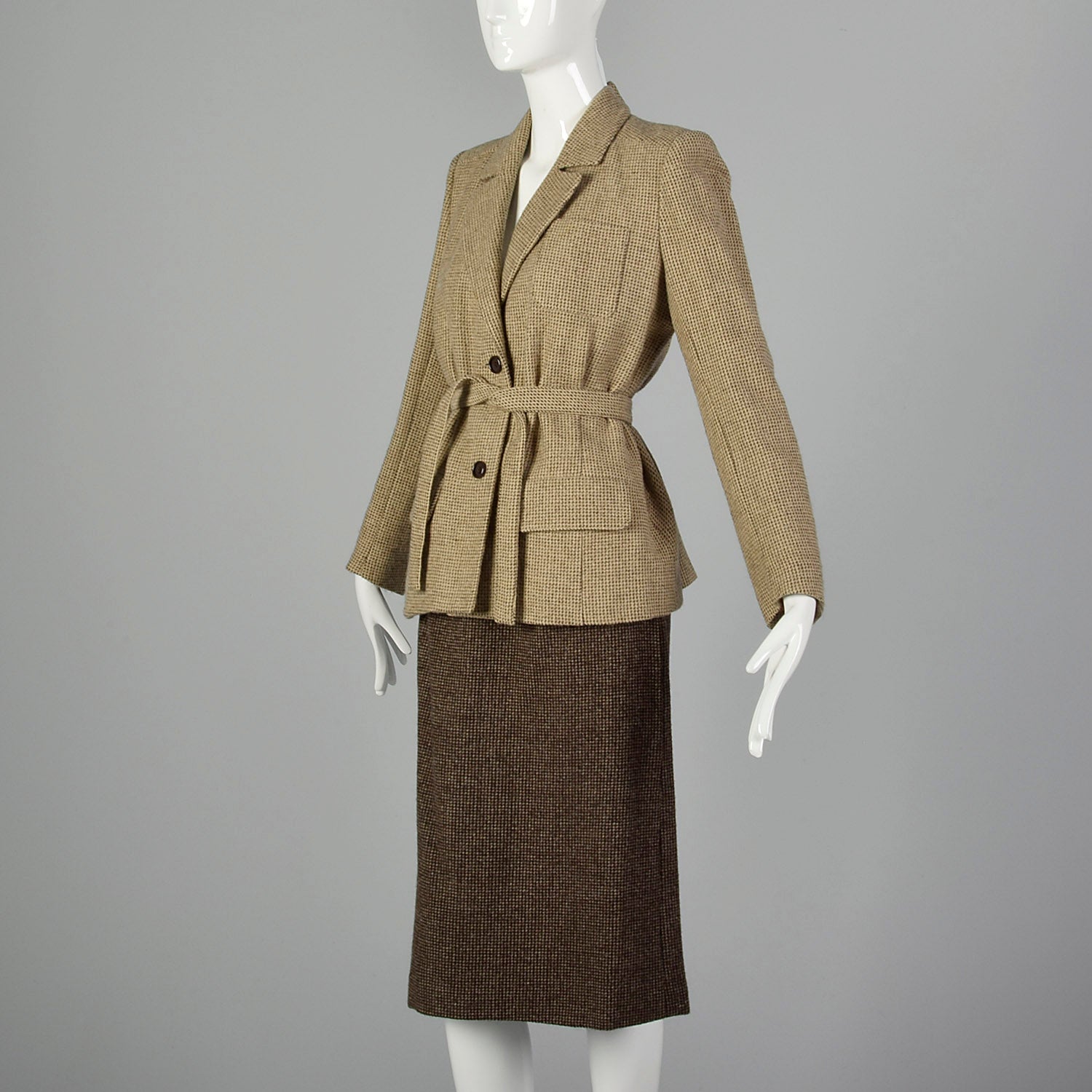 Small Jean Louis Scherrer Boutique 1990s Brown Tweed Skirt Suit
