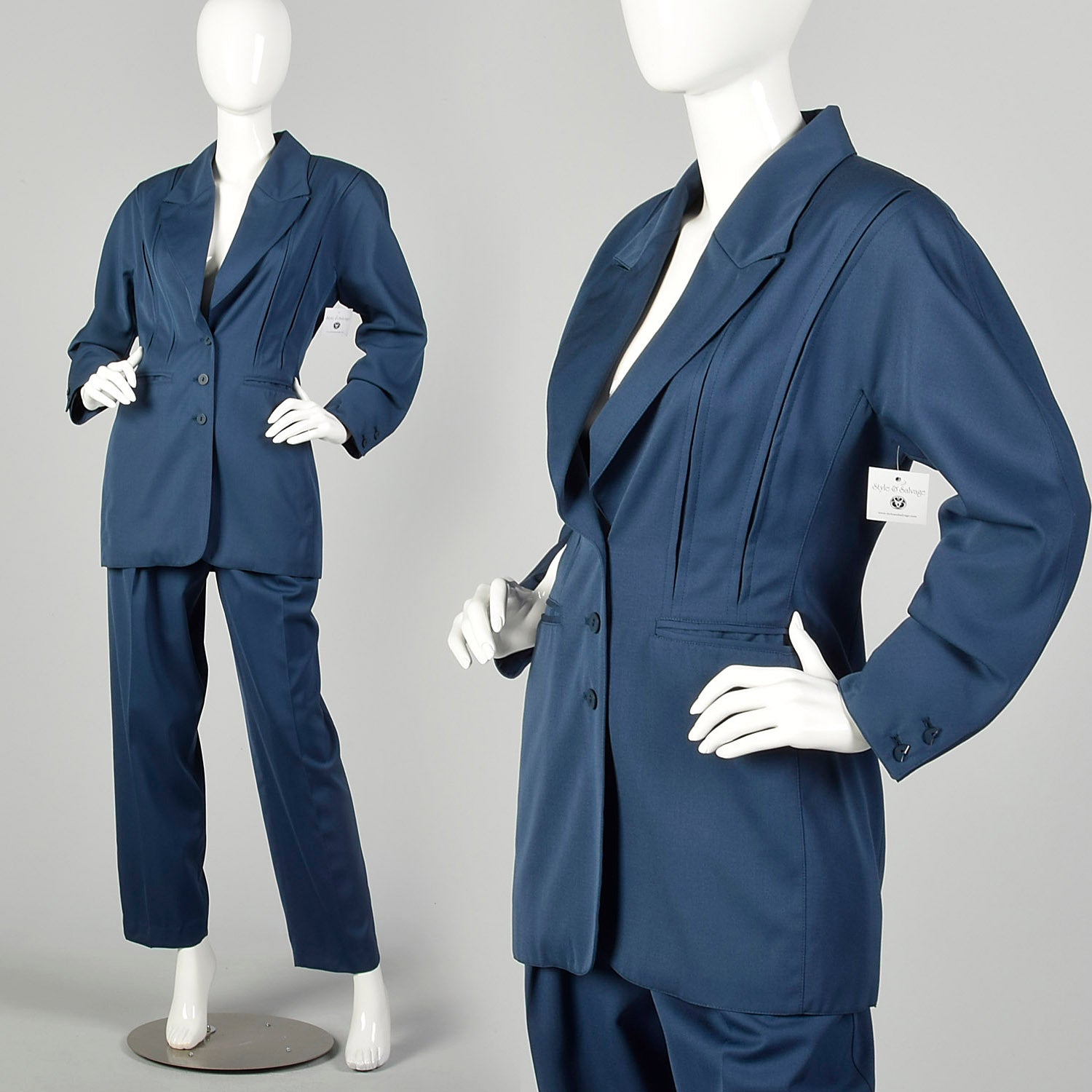 Small 1980s Claude Montana Suit Blue Hourglass Jacket Pleated Trouser
