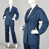 Small 1980s Claude Montana Suit Blue Hourglass Jacket Pleated Trouser