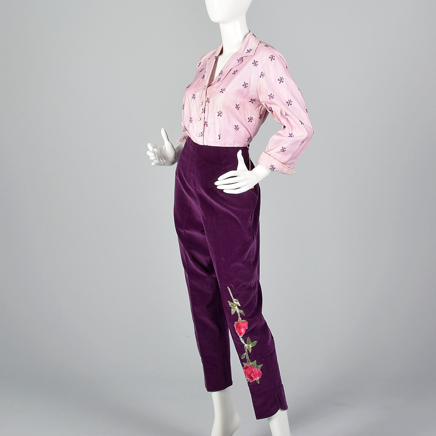 1960s Embroidered Blouse with Velvet Cigarette Pants