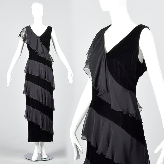 1980s Black Velvet Maxi Dress with Chiffon Ruffle