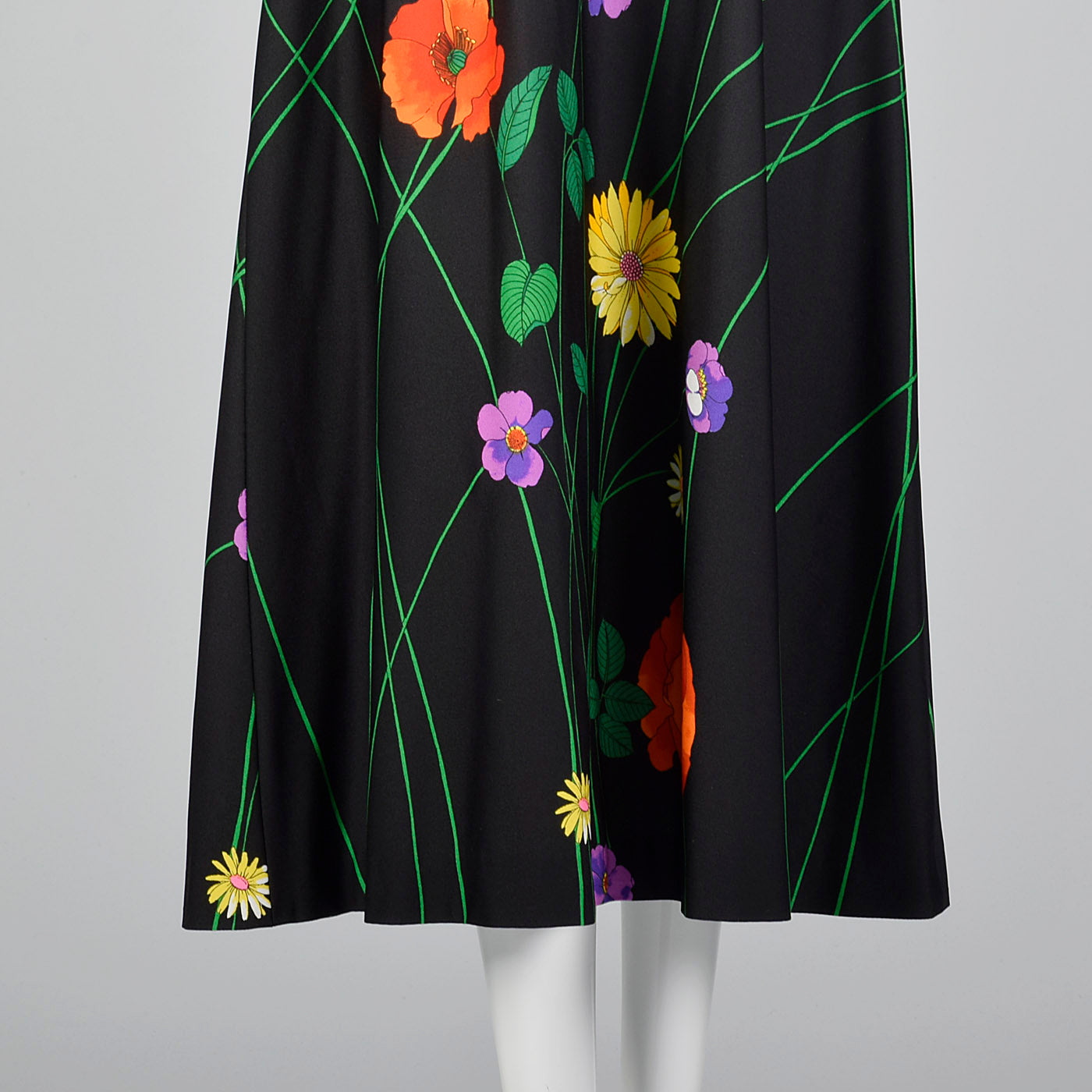 1970s Black Floral Midi Dress with Bishop Sleeves
