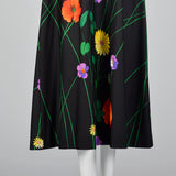 1970s Black Floral Midi Dress with Bishop Sleeves