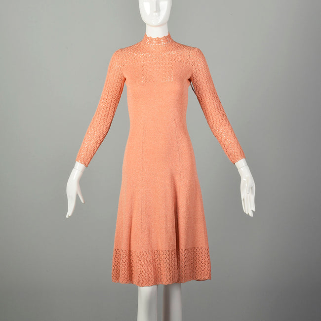 Medium 1970s Peach Knit Dress Spring Sweater Long Sleeve