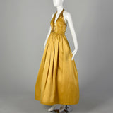 Small 1970s Gold Beaded Backless Halter Ball Gown