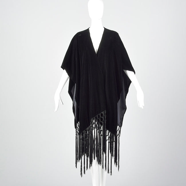 1990s Black Velvet Wrap with Knotted Fringe