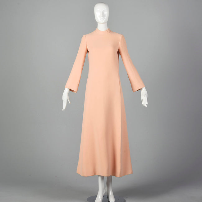 Small 1960s George Halley Blush Pink Gown Long Sleeve Winter Formal Wedding Dress