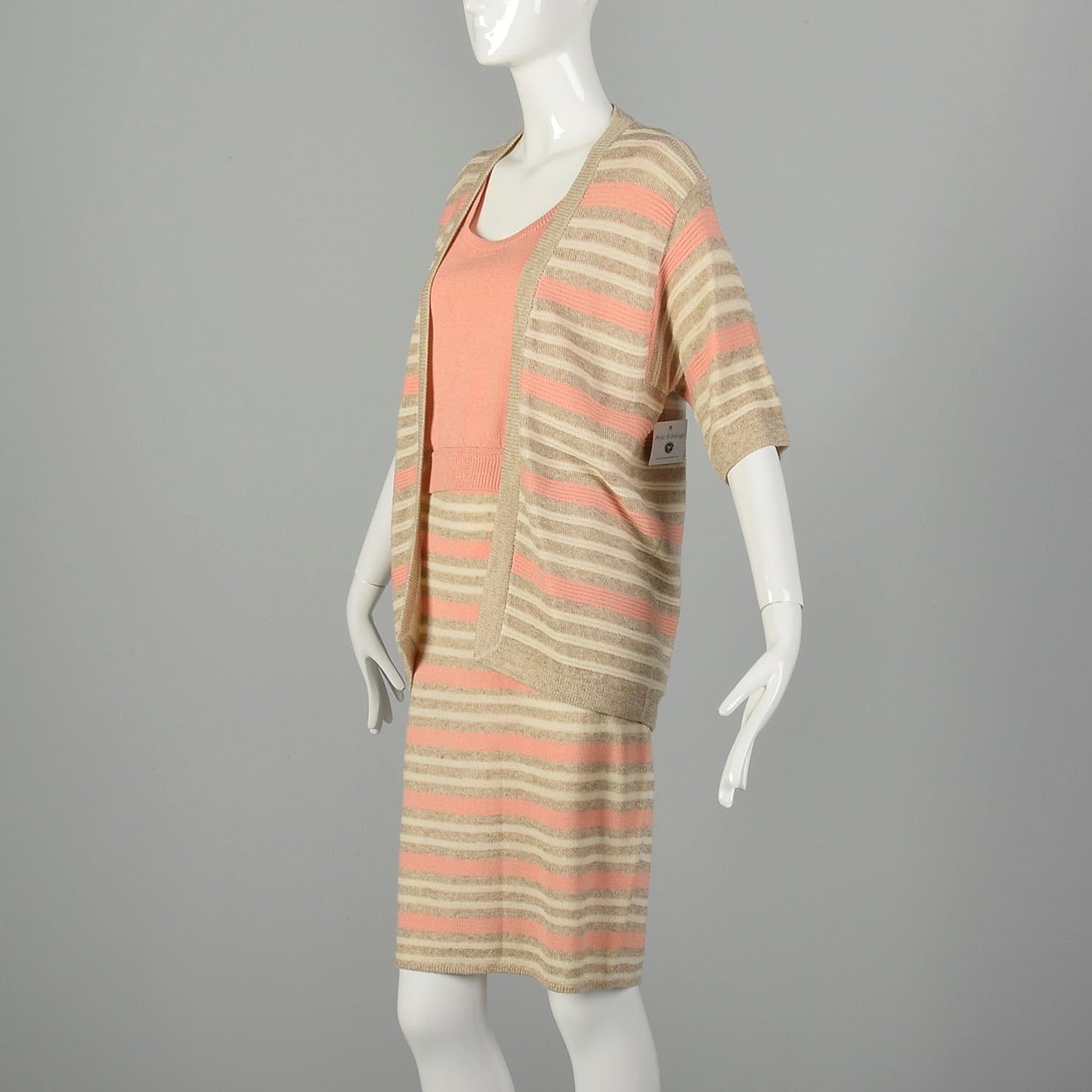 Medium 1980s St. John Set Knit Skirt Peach Shirt Striped Cardigan 3pc Ensemble