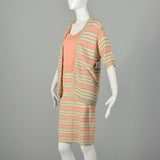 Medium 1980s St. John Set Knit Skirt Peach Shirt Striped Cardigan 3pc Ensemble