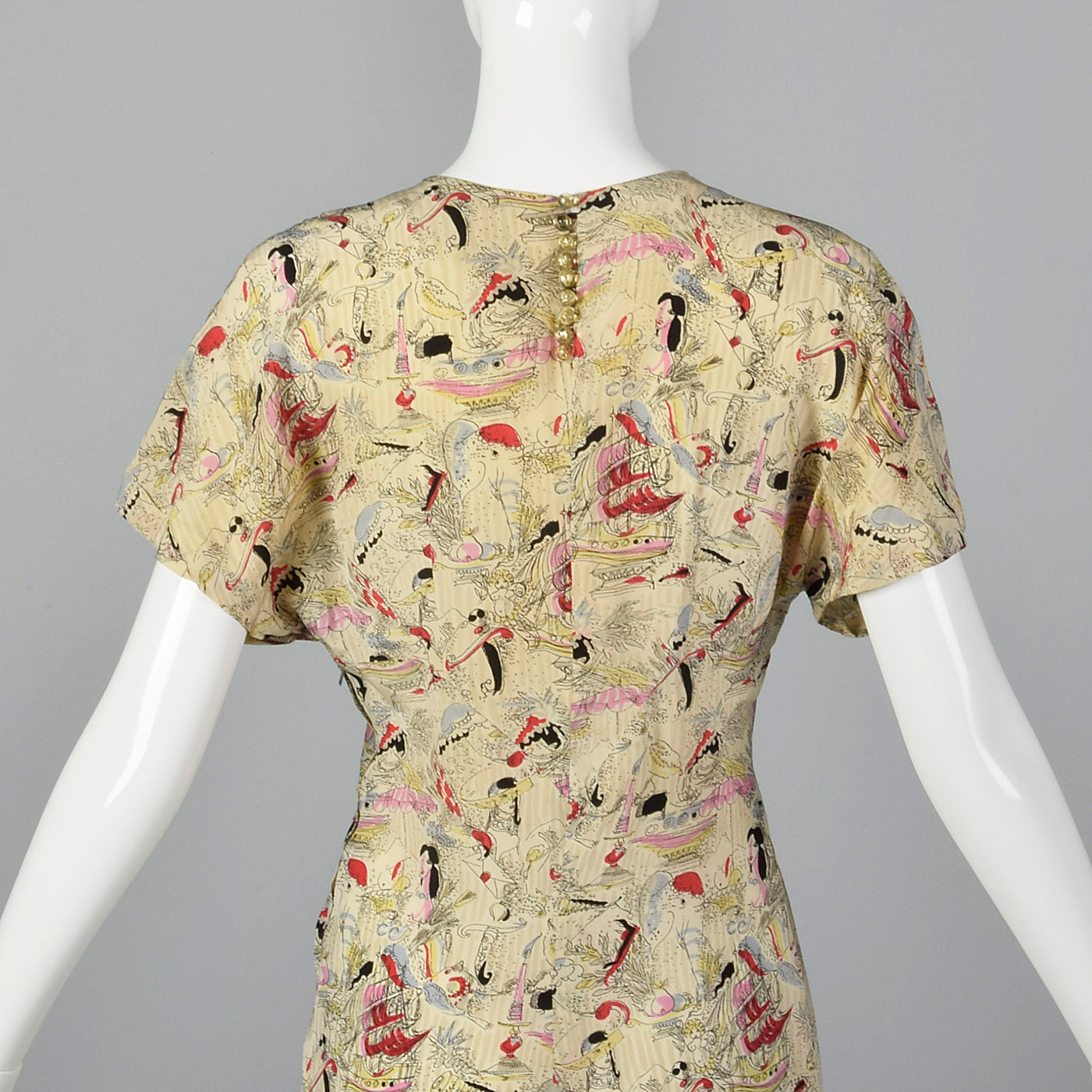 1940s Novelty Print Silk Dress with Neck Tie