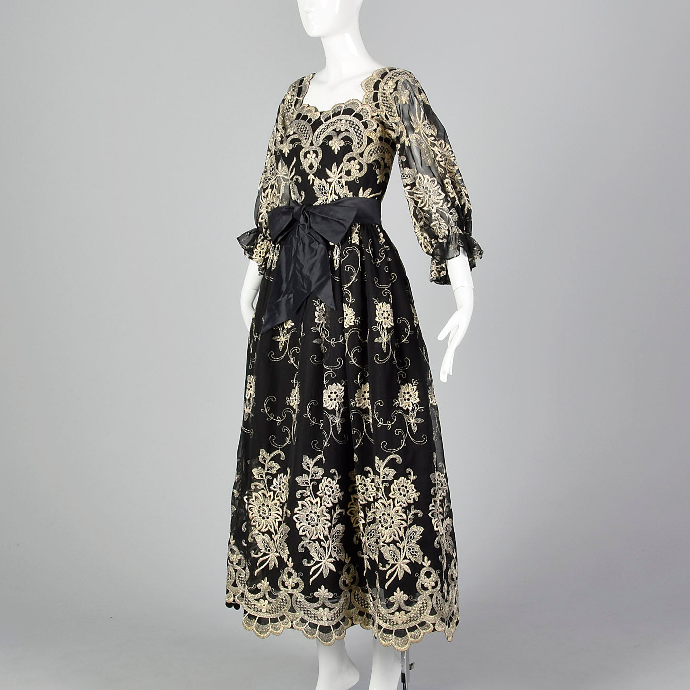 1980s Mr. Blackwell Evening Dress with Gold Embroidery