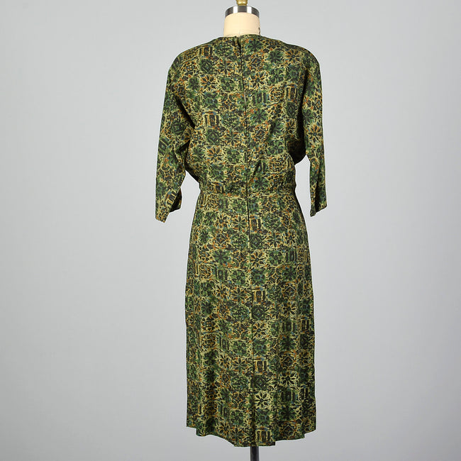 1950s Green Print Day Dress with Dolman Sleeves