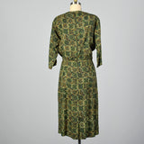 1950s Green Print Day Dress with Dolman Sleeves
