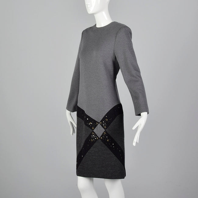 1980s Bob Mackie Gray Knit Dress with Asymmetric Rhinestone Hip